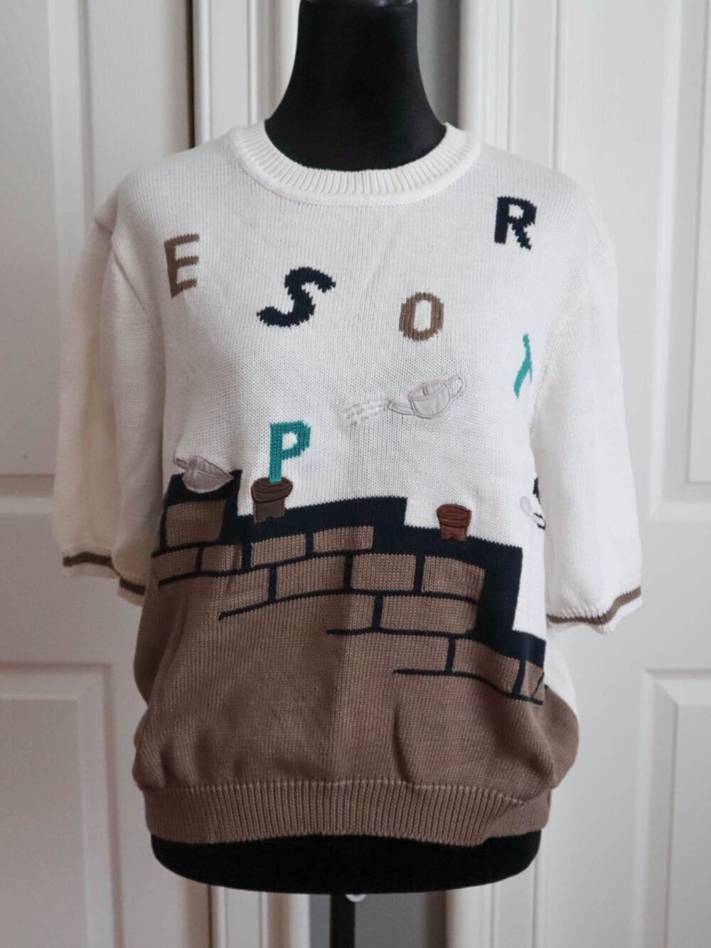 Vtg '80s Serge Nancel Paris France Sweater Whimsical Garden Print Artsy Sz L/XL